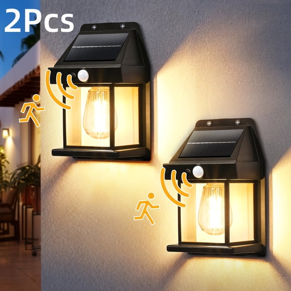 Outdoor Solar Wall Lights with Motion Sensor, 2 Pack Waterproof Porch Lights for Patio, Black