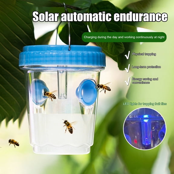 Outdoor Solar Wasp Trap, Hanging Waterproof Hornet Trap Bucket, Reusable Yellow Jacket Trap with LED Light, Wasp Catcher for Garden Patio Backyard Camping