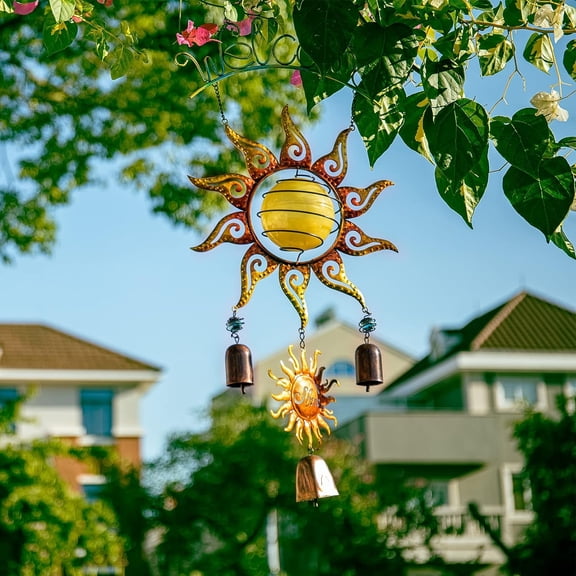Outdoor Solar Wind Chime, Sun Image Decoration, Hanging Solar Wind Chime, Metal Bell, Deep And Soothing Tone, Suitable For Patio, Garden, Perfect Gift
