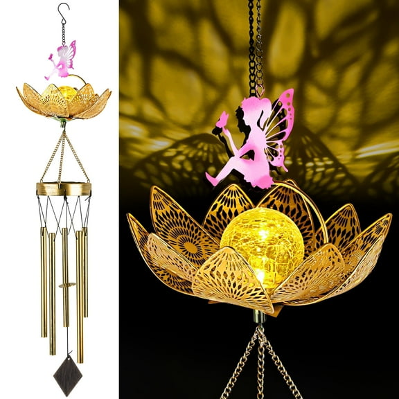Outdoor Solar Wind Chimes, Lotus Fairy Wind Chimes with Warm LED, 5 Metal Tubes, Gifts for Women's Birthday, Valentine's Day Decorations for Garden, Patio, Yard