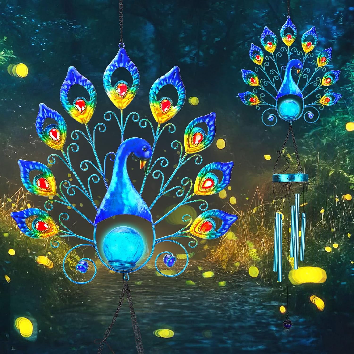 Outdoor Solar Wind Chimes, Metal Large Peacock Wind Chimes LED Lights Cracked Glass Ball Wtaerproof Garden Decorative Lights for Patio Yard Home Decor Gifts (Peacock)