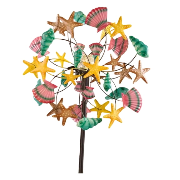 1PC Coastal Solar Wind Spinner with Decorative Seashells & Starfish, Outdoor Metal Kinetic Wind Sculpture with Solar LED Lights for Patio Yard Garden Beach Themed Decor
