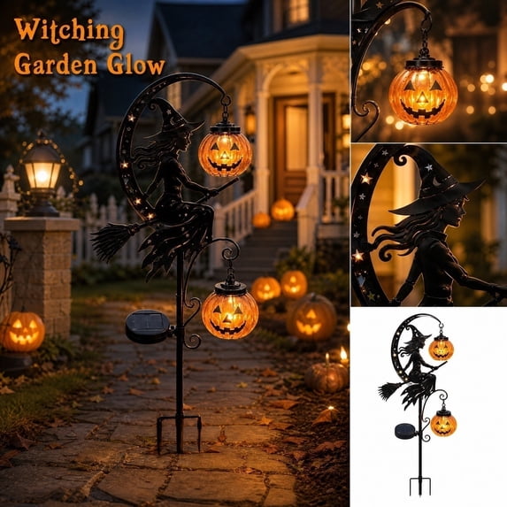 Outdoor Solar Witch Pumpkin Stake Lamp, Metal Moon Witch Riding Broom Hanging Jack O Lantern, Auto On Off Waterproof Halloween Lighting For Lawn Patio Garden Haunted House Display
