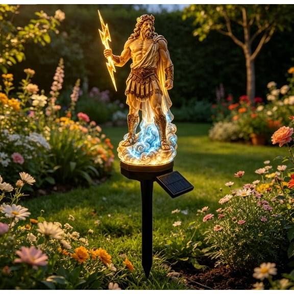 Outdoor Solar Zeus Statue Garden Stake Light, Greek God Zeus with Lightning Bolt Solar Path Lighting, Weatherproof Resin Solar Lawn Lamp for Backyard Garden Patio Decor
