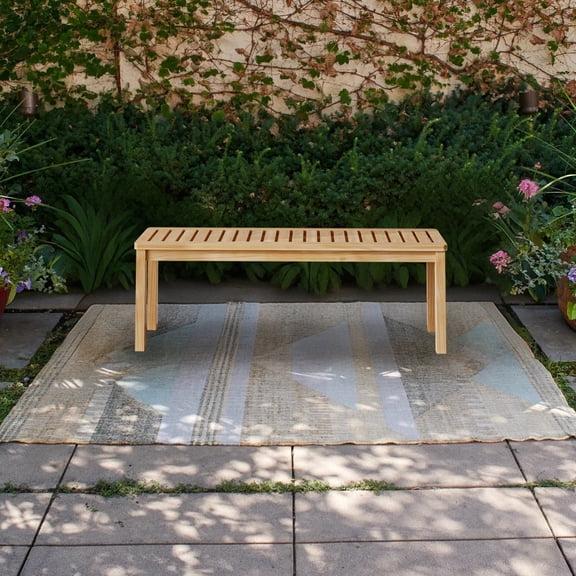 Outdoor Solid Wood Bench, 52.1" Backless Garden Bench, Knot-Free Pine Wood Slatted Seat, Modern Patio Bench for Poolside, Deck, Entryway, and Indoor Use, Amber Finish