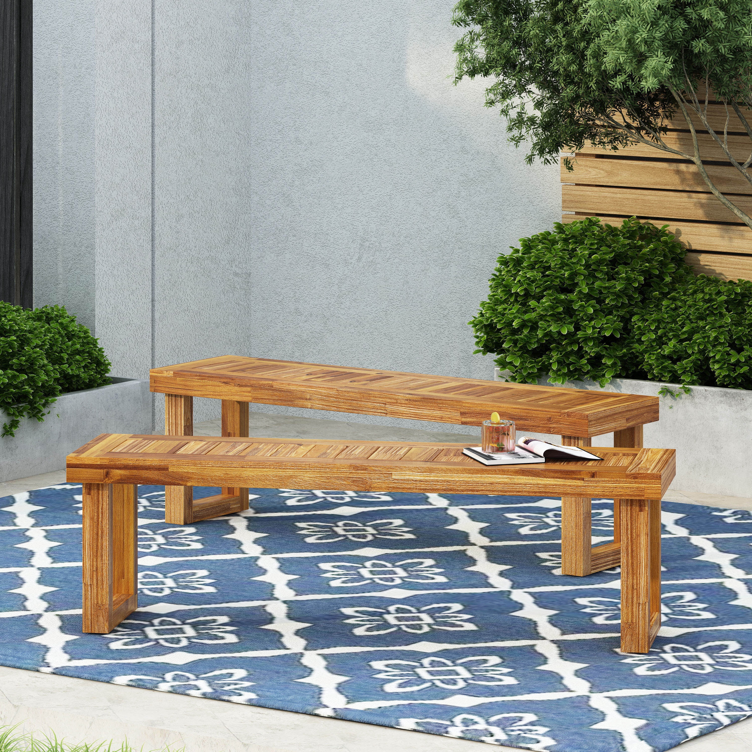 Outdoor Solid Wood Bench Set of 2, Acacia Wood Leisure Benches for Patio Garden, Natural