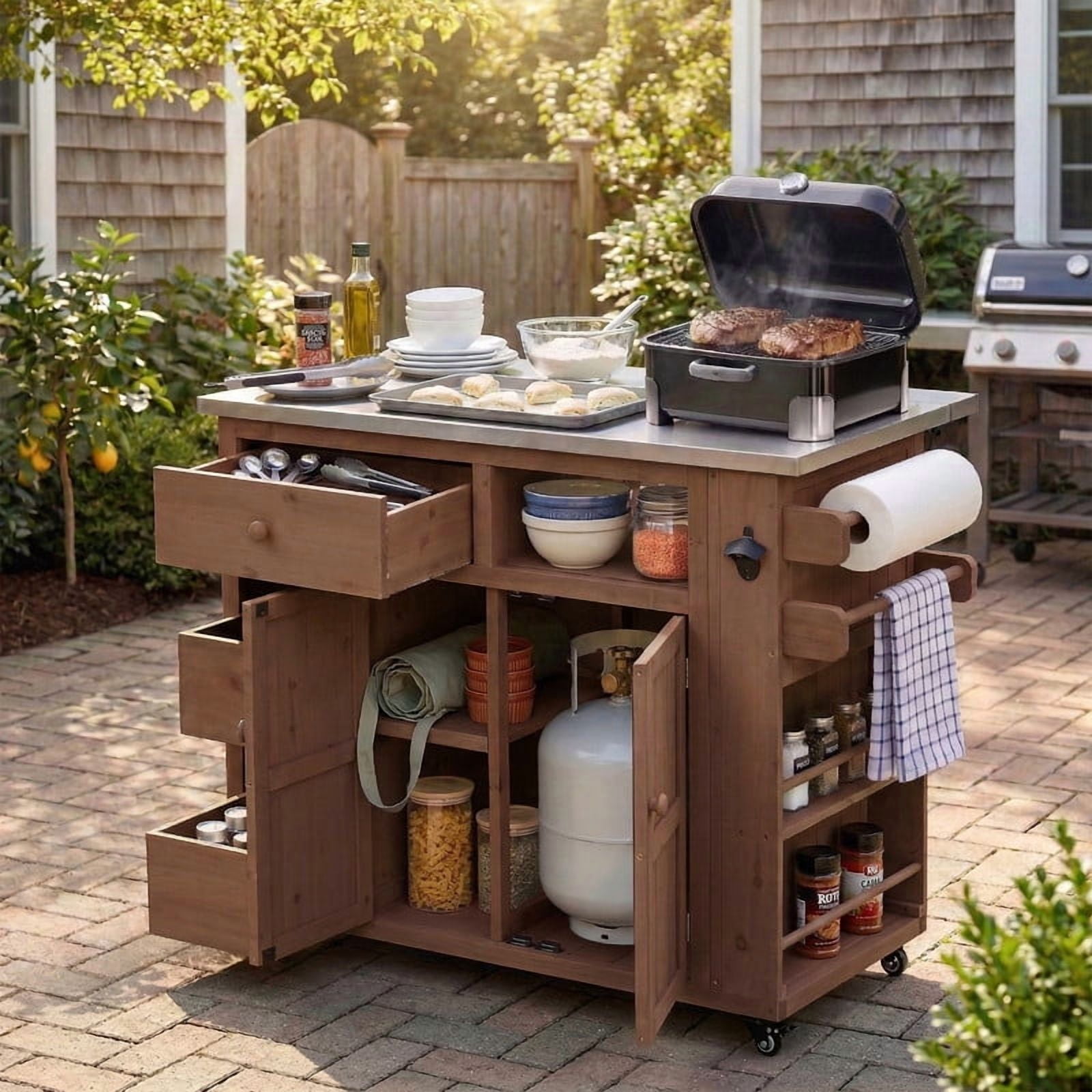 Outdoor Solid Wood Kitchen Island, Extendable Stainless Steel Top Grill Table with Drop Leaf, Storage Kitchen Cart