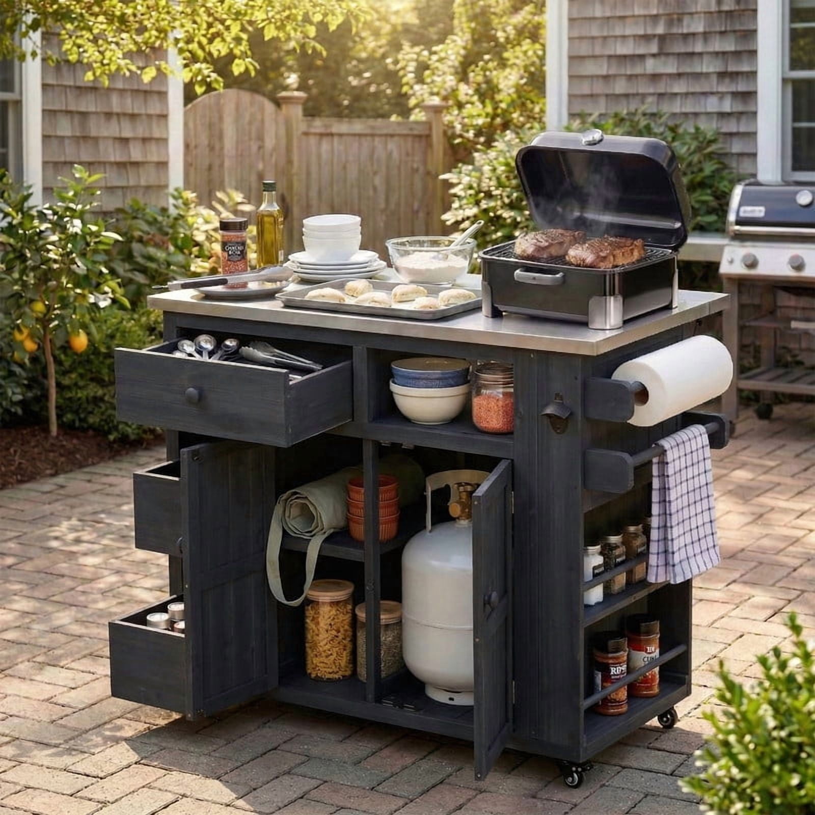 Outdoor Solid Wood Kitchen Island, Extendable Stainless Steel Top Grill Table with Drop Leaf, Storage Kitchen Cart
