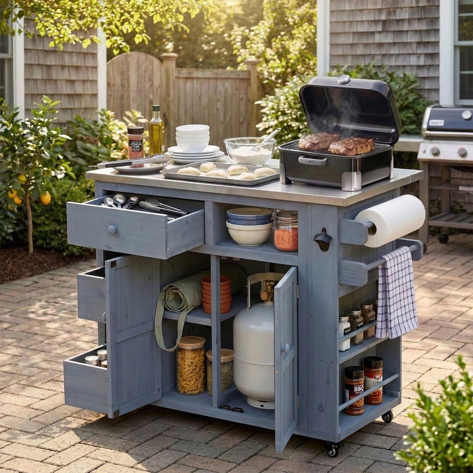 Outdoor Solid Wood Kitchen Island, Extendable Stainless Steel Top Grill Table with Drop Leaf, Storage Kitchen Cart