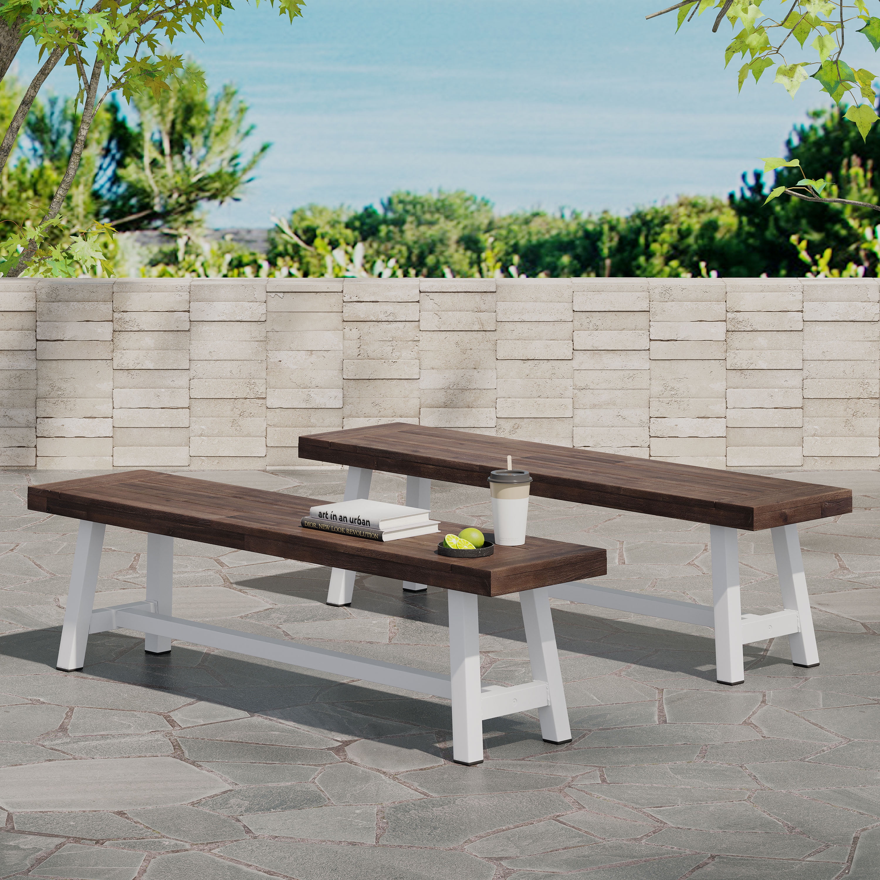Outdoor Solid Wood Leisure Bench Set of 2, Sandblast Finished Acacia Wood Rest Seats for Patio Garden, Sandblasted Dark Brown and White