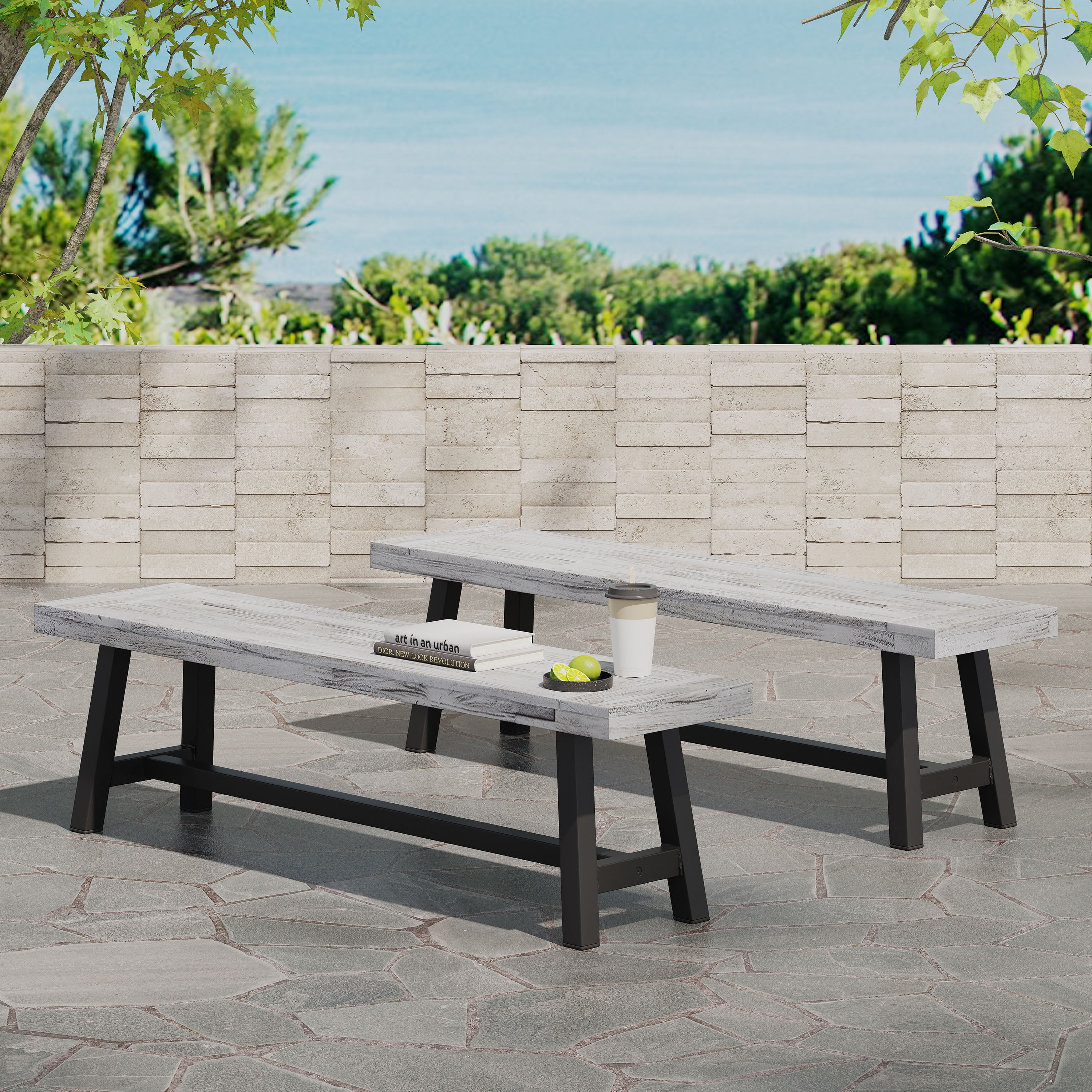 Outdoor Solid Wood Leisure Bench Set of 2, Sandblast Finished Acacia Wood Rest Seats for Patio Garden, Sandblasted Light Gray and Black