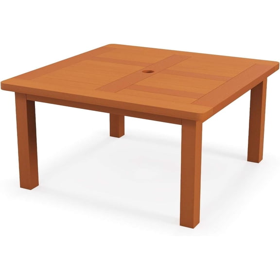 Outdoor Solid Wood Patio Coffee Table with Umbrella Hole, 35.5" Square Slatted Top, Teak Oil Finish