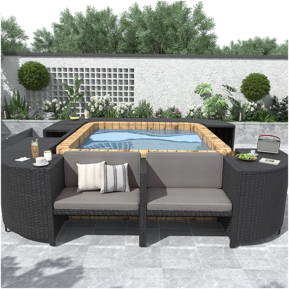 Outdoor Spa Surround Lounge Set with Storage, Grey Rattan Sectional and Bench