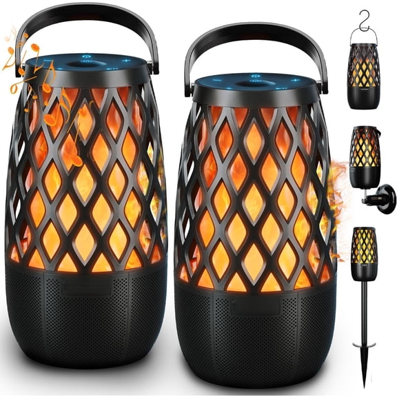 Outdoor Speaker Portable Speaker with LED Flame Lights Linkable Lantern for Party Pool Camping Halloween Christmas Birthday 2 Pack