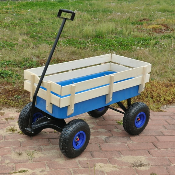 Outdoor Sport Tools Cart,Outdoor All Terrain Pulling Wagon with Removable Wooden Side Panels and Air Tires,Big Foot Panel Wagon for Garden,Patio and Lawn,176 lbs Load Capacity,Blue