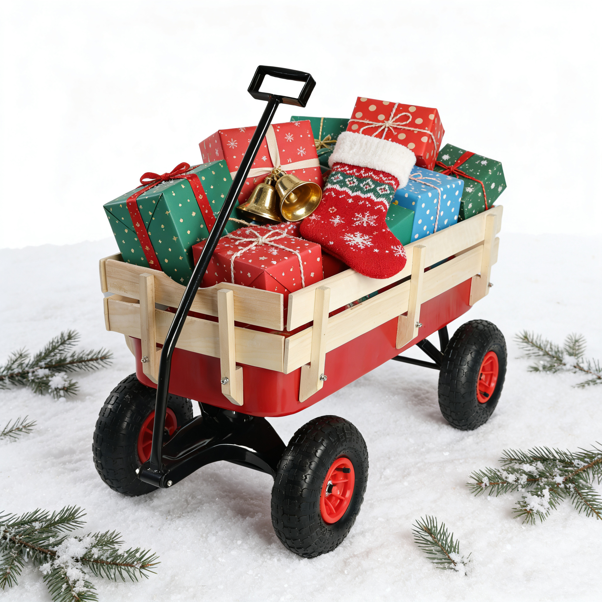 Outdoor Sport Wagon Tools Cart Wooden Side Panels 10 Inch Air Tires Heavy Duty Utility Cart 176LBS Capacity for Garden Camping Beach
