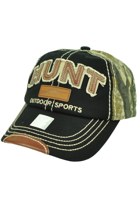 Outdoor Sports Hunt Hunting Distressed Camouflage Relaxed 2 Tone Hat Cap Black
