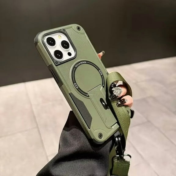 Outdoor Sports Long Strap Crossbody Magnetic Bracket Case for iPhone 17/17pro/17pro Max/17AiR, Drop-Proof Dual Layer Armor Case with Ring Kickstand