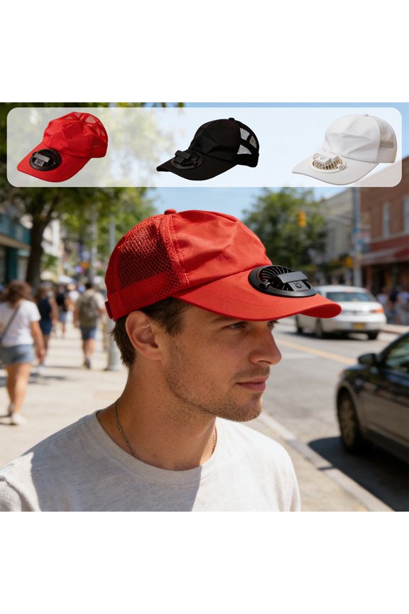 Outdoor Sports Sun Shade Cooling Fan Hat, 3 Speed USB Rechargeable Portable Mini Fan Hat, Wide Brim UV Protection Lightweight for Hiking Camping Fishing Outdoor Activities, Red