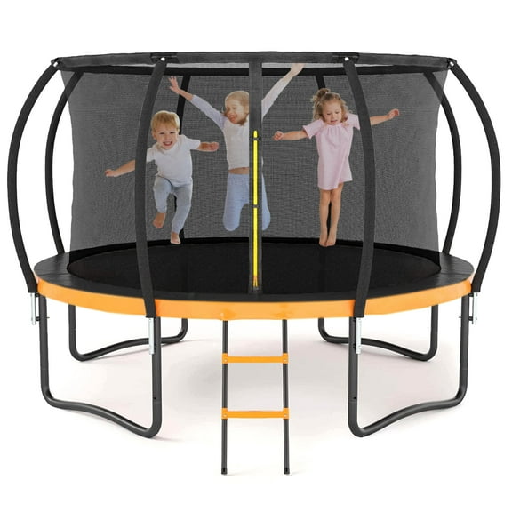 Outdoor Sports Toys 12FT Outdoor Big Trampoline With Inner Safety Enclosure Net, Ladder, PVC Spring Cover Padding, For Kids, Black&Orange Color,Outdoor Activity Toys