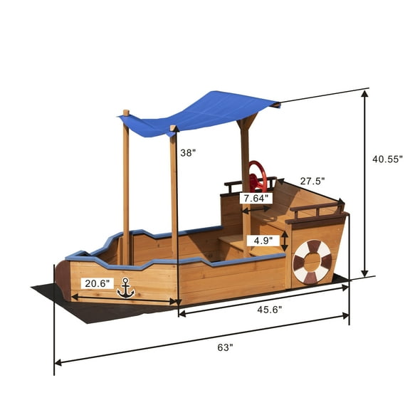 Pirate Ship Sandbox with Cover & Storage Bench, Natural Wood Outdoor Sandbox for Kids Ages 3-8 - Includes Rudder & Seats, 63"L X 30.7"W