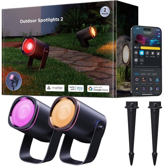 Outdoor Spot Lights 2, IP67 Waterproof Spotlights, Landscape Lights Work with Matter, Alexa, and Google Assistant, RGBWIC Color Changing Light for Outdoor Decor, Patio Decorations, 4 Pack