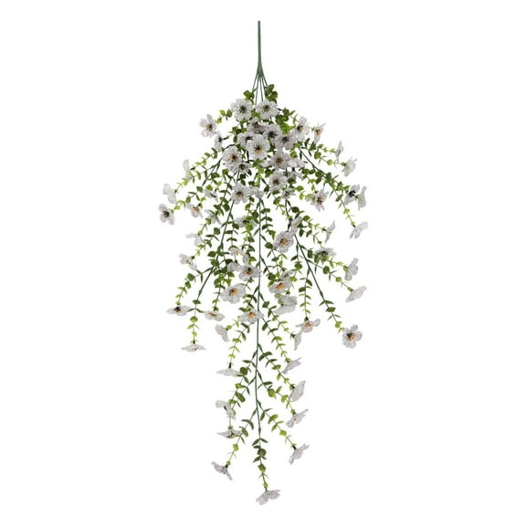 Outdoor Spring Hanging Artificial Flowers with Eucalyptus & Violet Stems for Garden Patio Décor, Porch Wedding Backdrop, Natural Floral Arrangements, Artificial Hanging Flowers for Outdoor White