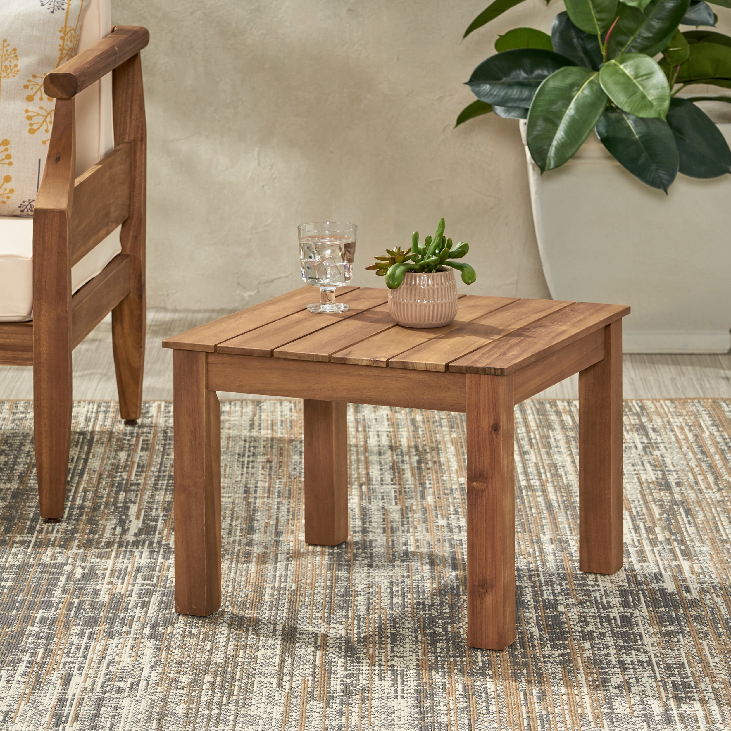 Outdoor Square Accent Side Table, Acacia Wood Leisure Decoration Table for Patio Garden, Teak