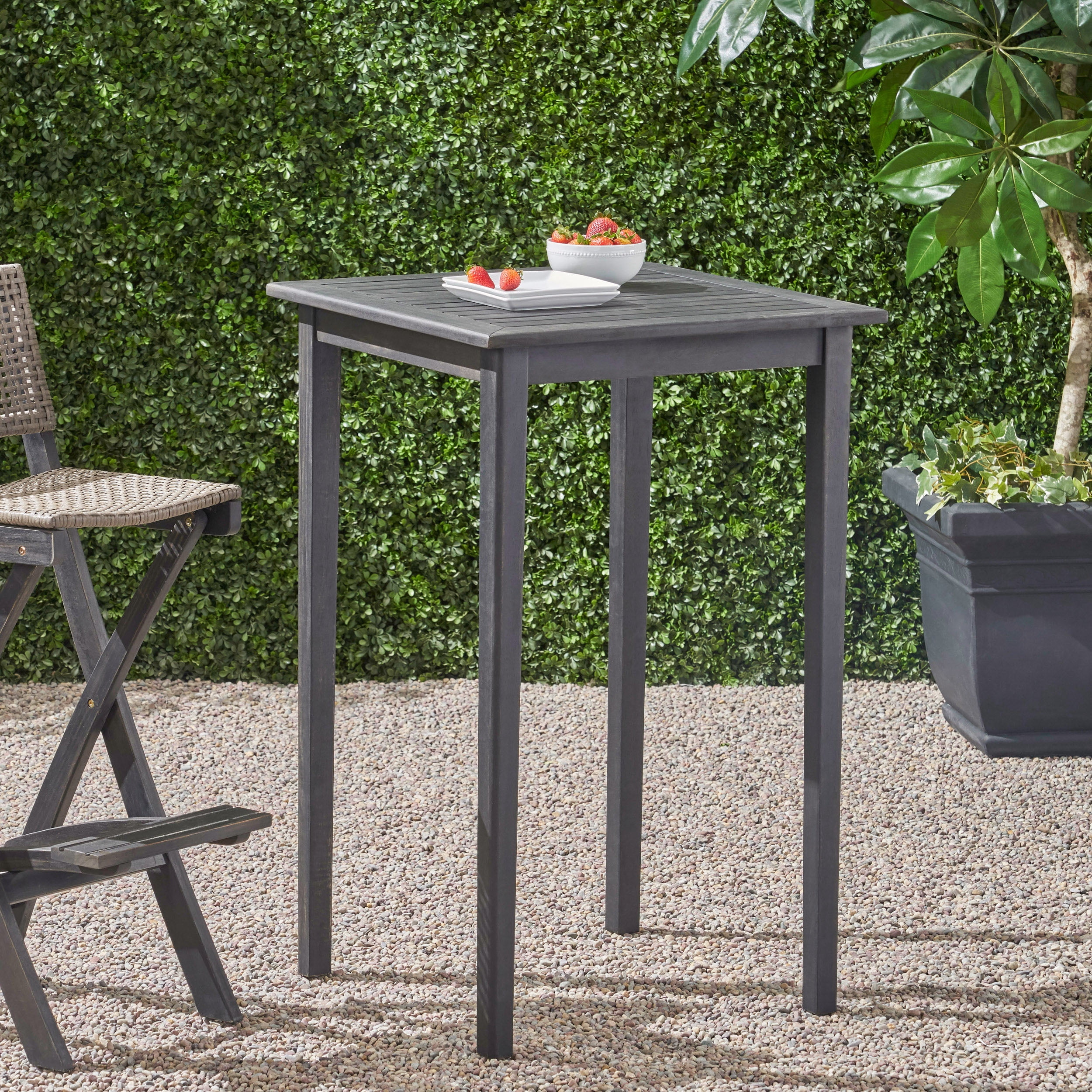 Outdoor Square Bar Height Table, Solid Acacia Wood Top for Patio Garden, Dark Gray