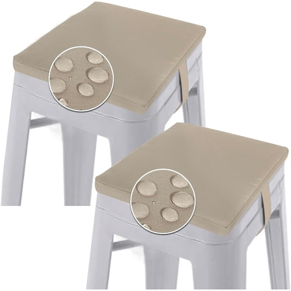 Outdoor Square Bar Stool Cushions 14x14 Inch Non-Slip Waterproof Foam Seat Pads with Ties and Zippered Cover, Khaki, Set of 2