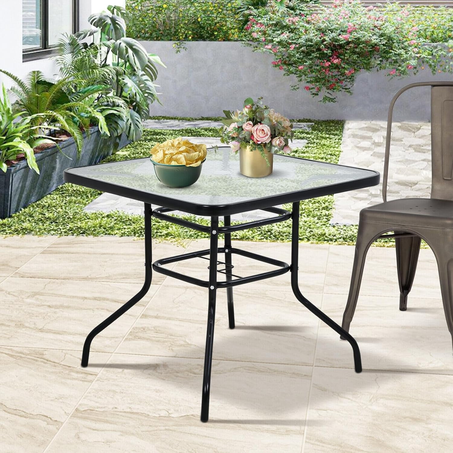 Outdoor Square Patio Dining Bistro Tempered Glass Table Top With Umbrella Hole