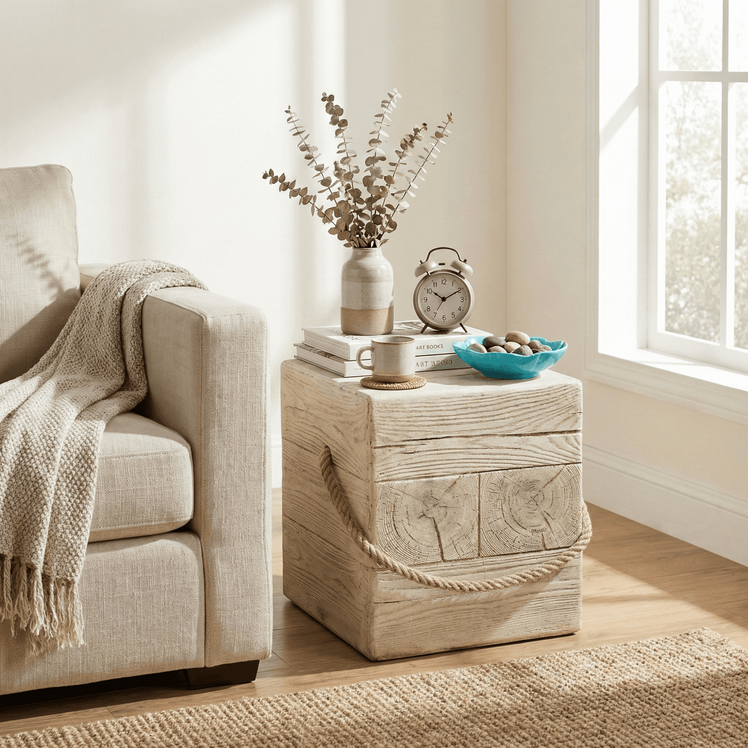Outdoor Square Side Table with Realistic Wood Grain & Simulated Braided Cord, Retro Indoor End Table for Home Patio Balcony Decor
