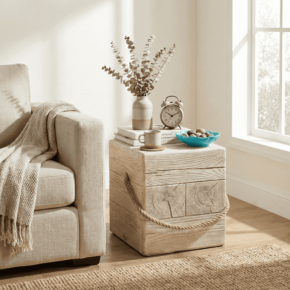 Outdoor Square Side Table with Realistic Wood Grain & Simulated Braided Cord, Retro Indoor End Table for Home Patio Balcony Decor