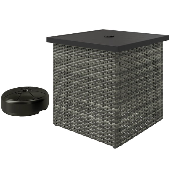 Outdoor Square Wicker End Table with Umbrella Hole, UV-Resistant Gray Frame and Storage