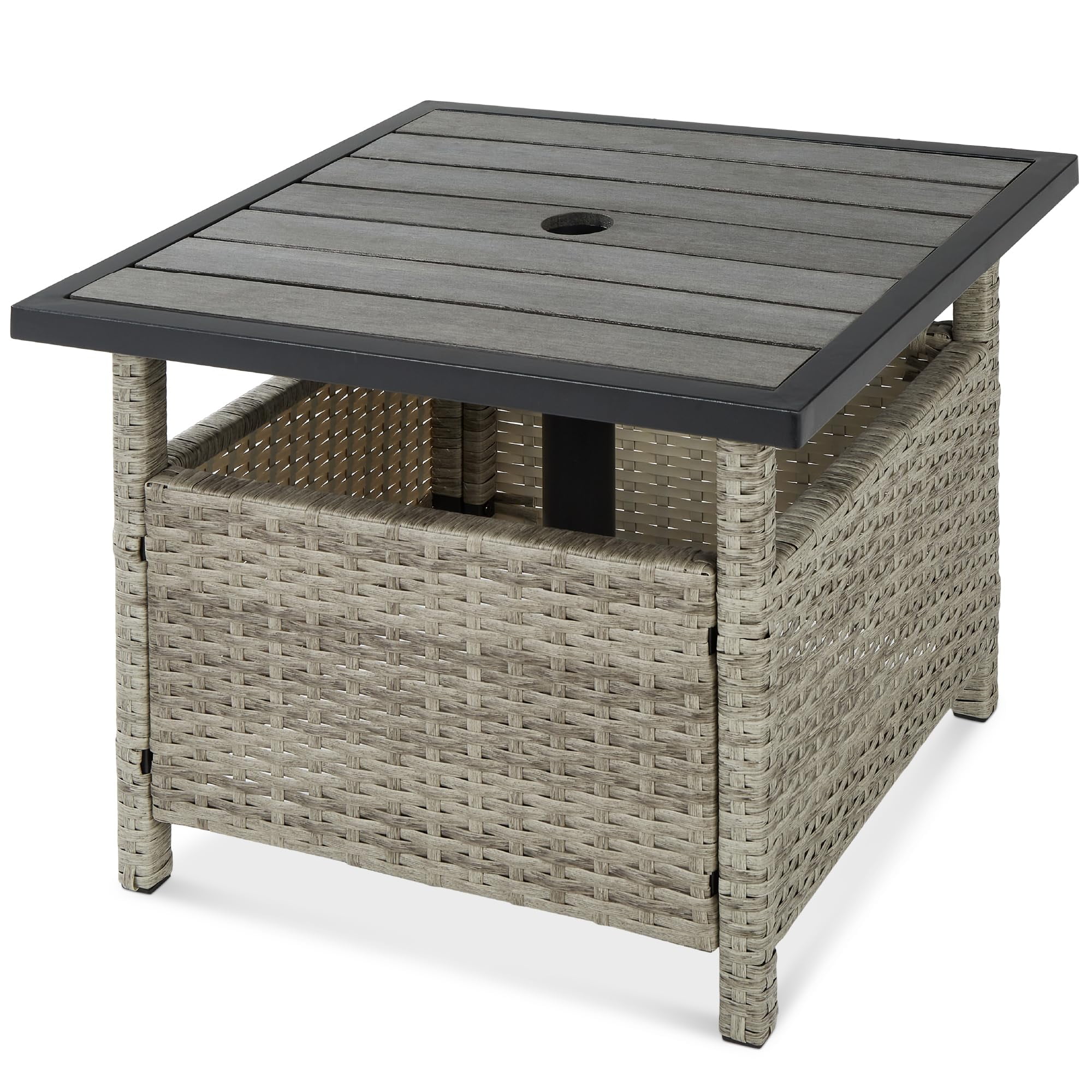Outdoor Square Wicker Side Table with Umbrella Hole, PE Rattan End ...