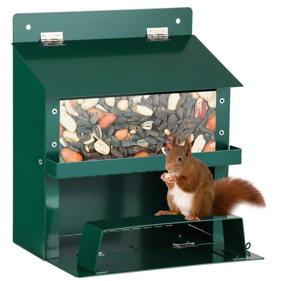 Outdoor Squirrel Feeder, Metal Squirrel Picnic Table with Waterproof Roof, Transparent Viewing Window, Removable Tray for Nuts and Sunflower Seeds, Easy Installation for Wildlife Lovers