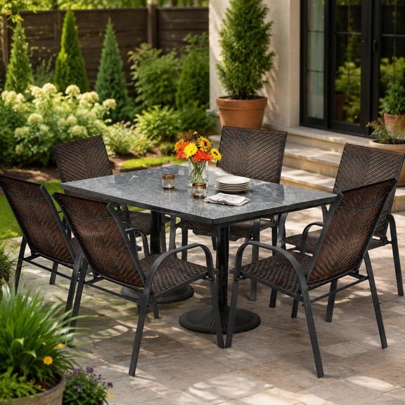 Outdoor Stackable Chairs, 6-pack, PE Wicker, Steel Frame, Brown, Curved Backrest, Armrests, Deep Seat