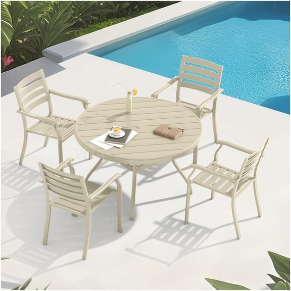 Outdoor Stackable Dining Chairs and Round Table Set, 5-PC Metal Patio Furniture in Sandstone
