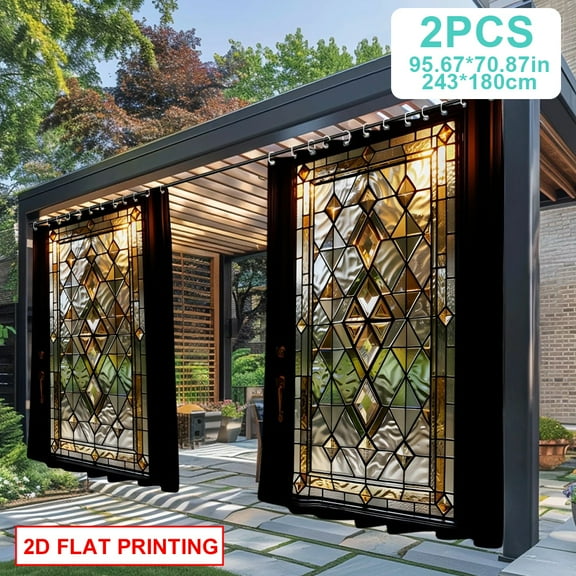 Outdoor Stained Glass Windows Curtains, Waterproof Glass Pattern Curtains for Patio, Vintage Window Treatments for Bedroom, Living Room, Kitchen, coffee, Window Drapes 2 Panels 18x24 Inch