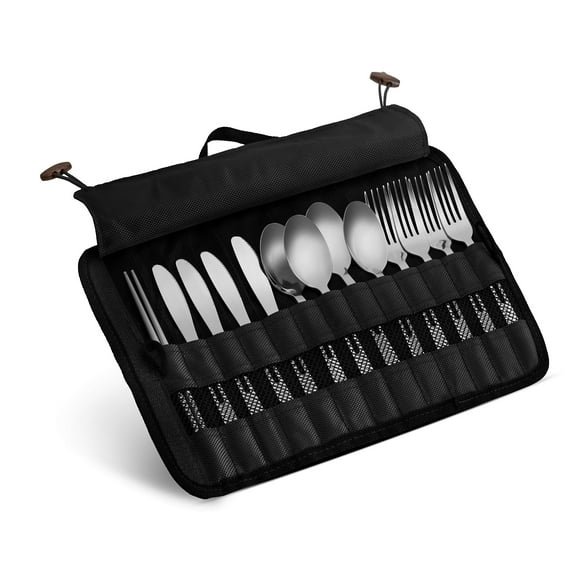 Outdoor Stainless Steel Family Cutlery Picnic Utensil Set with Travel Case 13pcs, Black