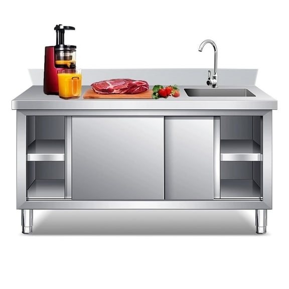 Outdoor Stainless Steel Kitchen Sink With Cabinet, Freestanding Laundry Utility Sink With Workbench & Storage With Faucet,Commercial Fish Cleaning Station Table for Garage Room Hotel