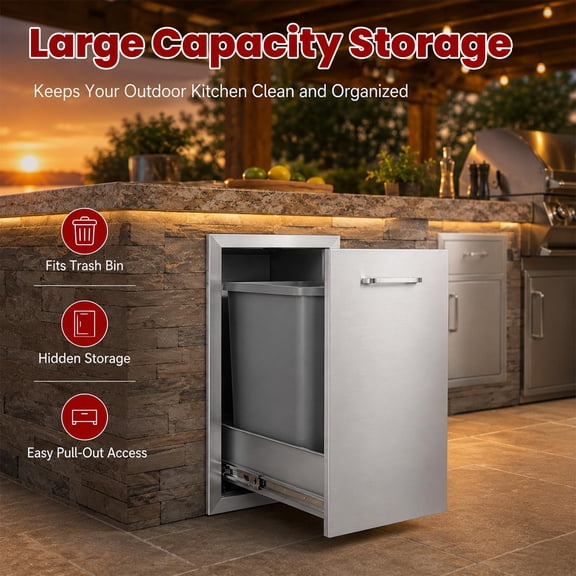 Outdoor Stainless Steel Pull-Out Trash Drawer, 25.7"L13.4"W19.6"H, Rustproof Weatherproof Easy-Clean, Built-In Hidden Design, for BBQ Island Patio
