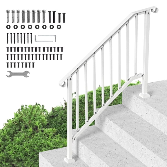 Outdoor Stair Handrail Kit 3 to 4 Steps Carbon Steel White Retro Arch Railing for Seniors Concrete Porch Deck with Installation Hardware