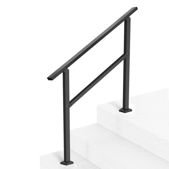 Outdoor Stair Handrail for 2-3 Steps Black Square Tube with Crossbar Carbon Steel Support for Elderly Concrete Deck Easy Install