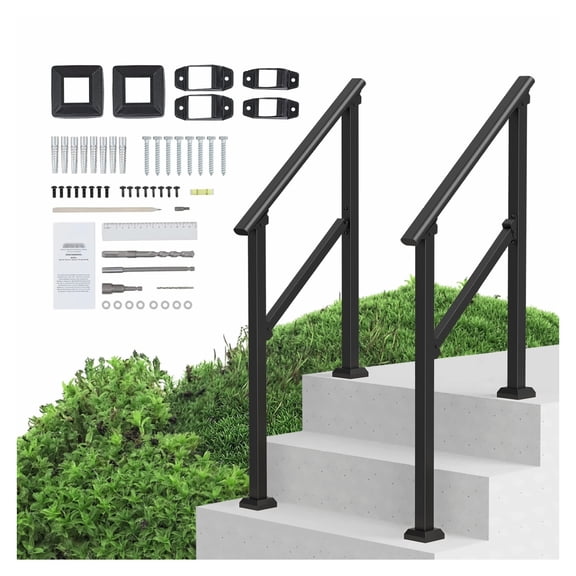 Outdoor Stair Handrails 2-3 Step, Carbon Steel Railing Kit for Porch Deck, Senior Safety Handrail for Concrete Steps, Black Square Tube