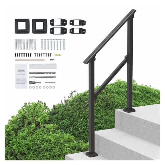 Outdoor Stair Handrails 2-3 Step, Transitional Carbon Steel Railing Kit, Stair Rails for Seniors & Concrete Steps, Black Square Tube - Secure Home Support