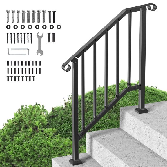 Outdoor Stair Handrails 2 to 3 Step Carbon Steel Railing Kit Black Retro Arch for Seniors Concrete Porch Deck Installation Included