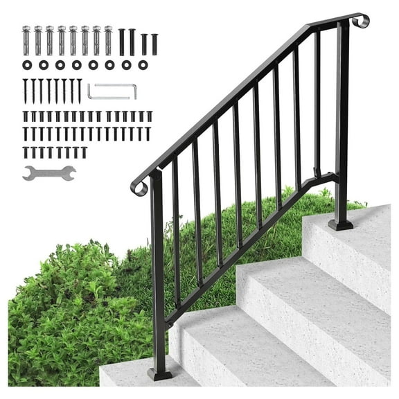 Outdoor Stair Handrails 3-4 Step, Black Iron Railing Kit for Concrete Steps, Porch & Deck, Senior Safety Rail, Adjustable Angle 14-50, with Installation Kit 3 Step