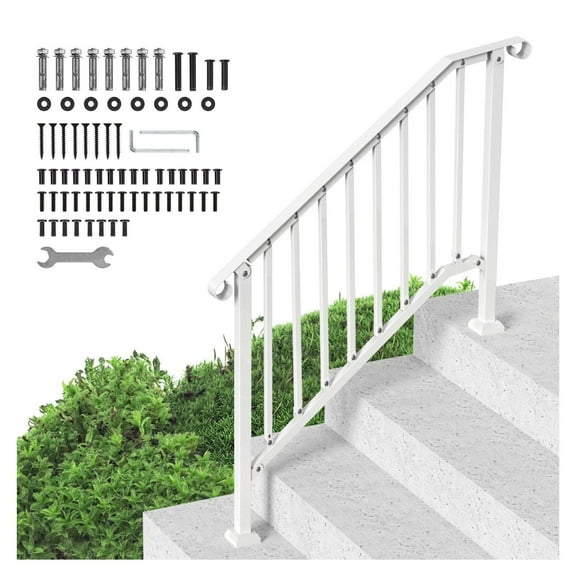 Outdoor Stair Handrails, 3-4 Step Rail Kit - Carbon Steel Railings for Concrete Steps, Porch, Deck - White Retro Arch - Senior Safety Handrail