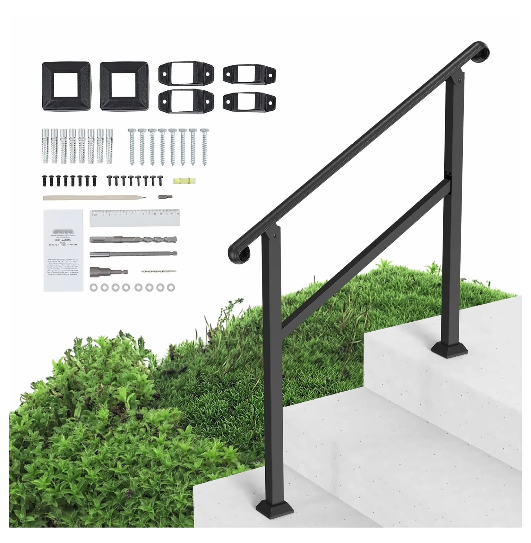 Outdoor Stair Handrails for Steps, 2-3 Step Railing Kit, Black Hand ...